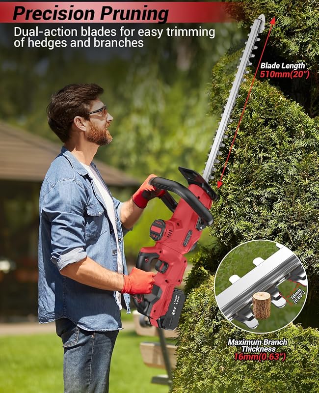 Tagliasiepi a Batteria 21V, Tagliasiepi Elettrico con 4.0Ah Batteria, 180° Regolabile Tagliasiepi, 51cm Lunghezza Lama, 16mm Distanza tra i Denti, Copri Lama per Siepi, Rami, Arbusti, Ramoscelli