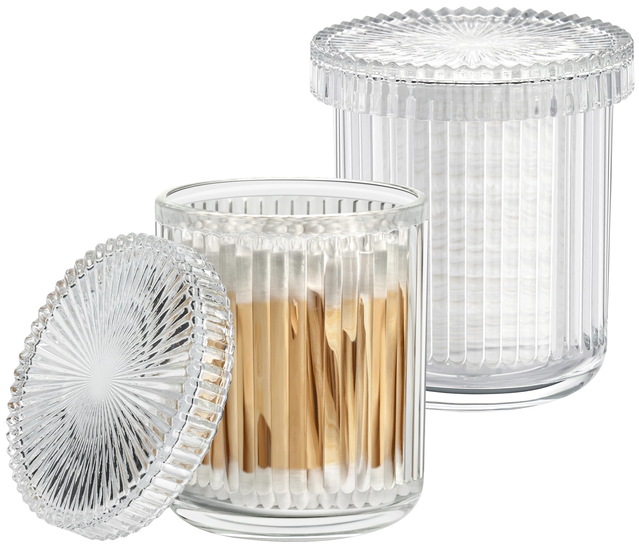 Photo 1 of Glass Qtip Holder with Lid,Bathroom Organizer and Storage Jars - Apothecary Jars for Cotton Balls, Cotton Swabs,Pads,Floss Picks,Vanity Organizer,Bathroom Accessories and Countertop Storage Canisters