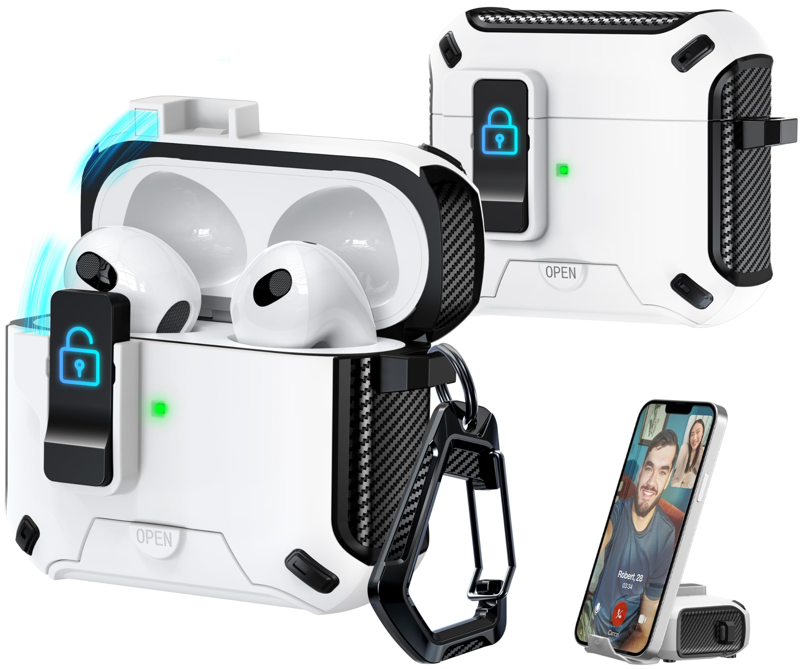 Photo 1 of R-fun Compatible AirPods 3rd Generation Headphone Cases, Fully Drop Proof Auto Eject Protective Cover Design, New Charging Port Dust and Stand Design,Black+White