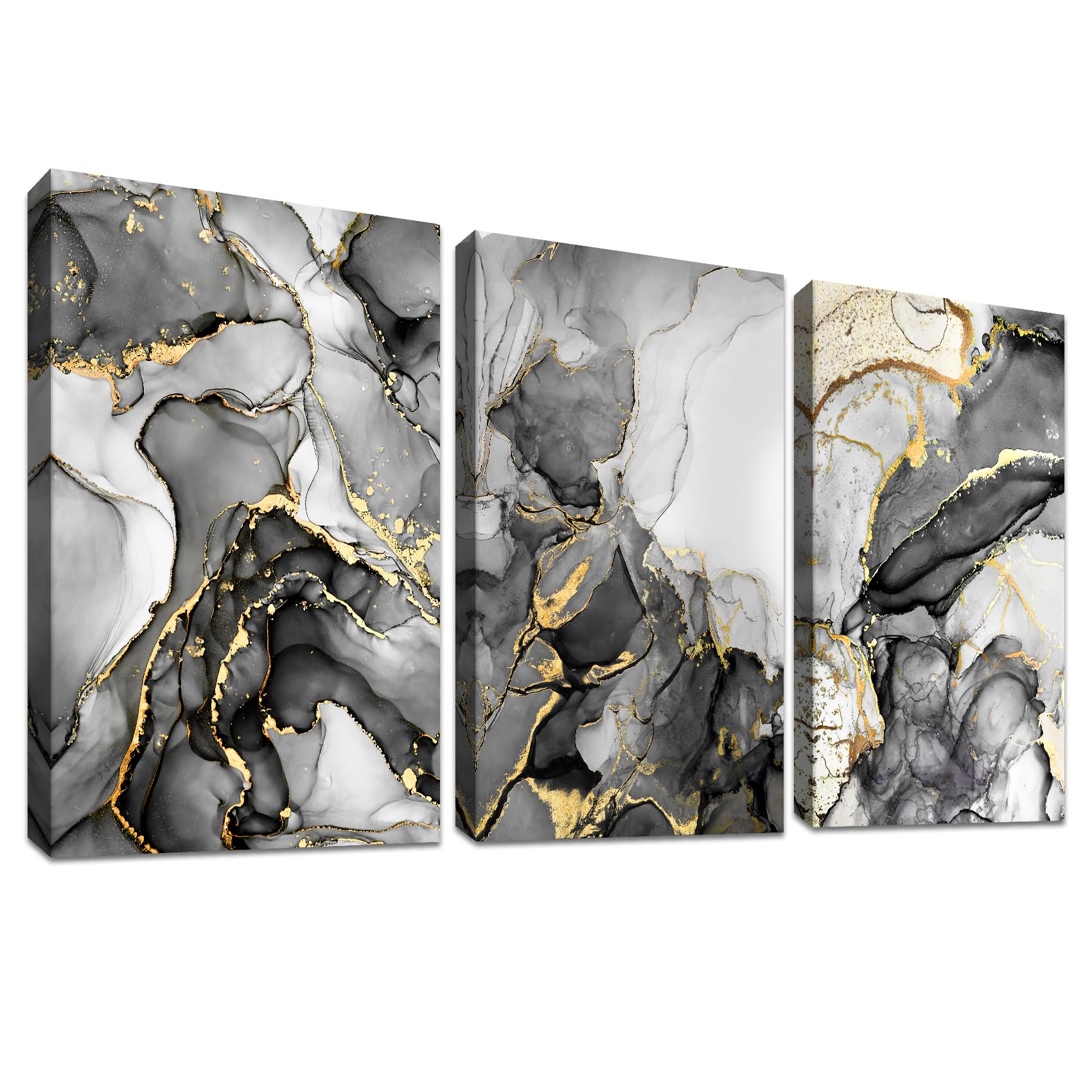 3 Panels Wooden Framed Canvas Wall Art Marble Grey White Gold Painting on Canvas Prints Poster Nordic Minimalist Pictures for Living Room Bedroom Bathroom Hallway Stairs Wall Decor 30x40cm x3pcs — image 1
