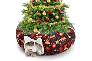 Cinnvoice Christmas Cat Tunnel Bed Under 2.62 ft Christmas Tree Skirt with Ball for Indoor Cat Xmas Red Pet Donut Tunnel with Washable Circle Cushion Foldable Gift for Kitten Puppy Rabbit(Bell)