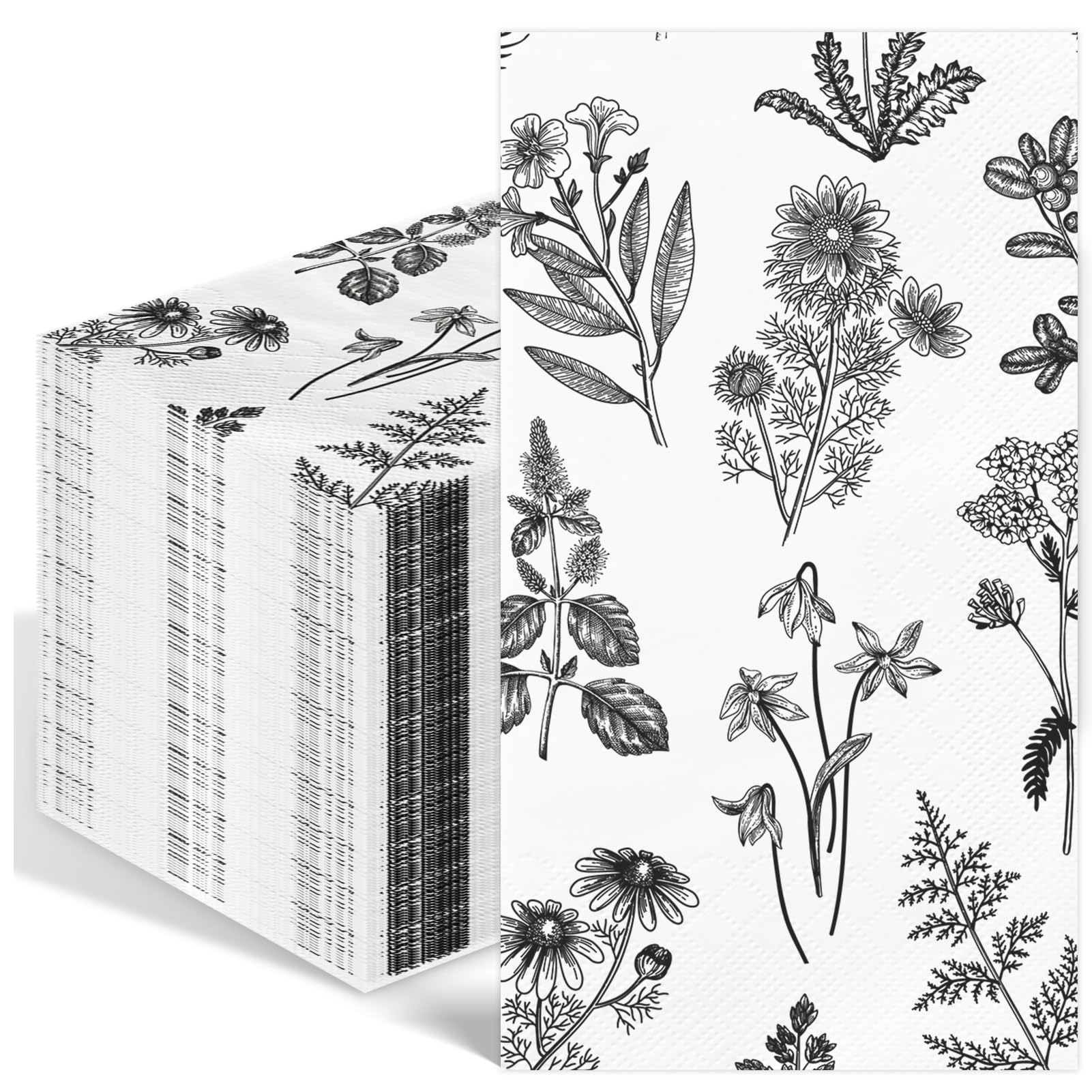 Photo 1 of 100PCS Black Floral Paper Napkins 3 Ply Disposable Hand Towels for Bathroom Vintage Wildflower Guest Napkins Black and White Wild Flower Dinner Napkins for Wedding Birthday Spring Summer Party