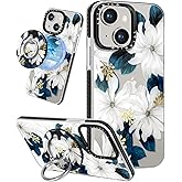 Lotadilo for iPhone 13 Case for Women Girls - Cute Design Compatible with Magsafe Magnetic Ring Holder Stand Blue Flower Aesthetic Pattern TPU Phone Covers for iPhone 13 Phone Case