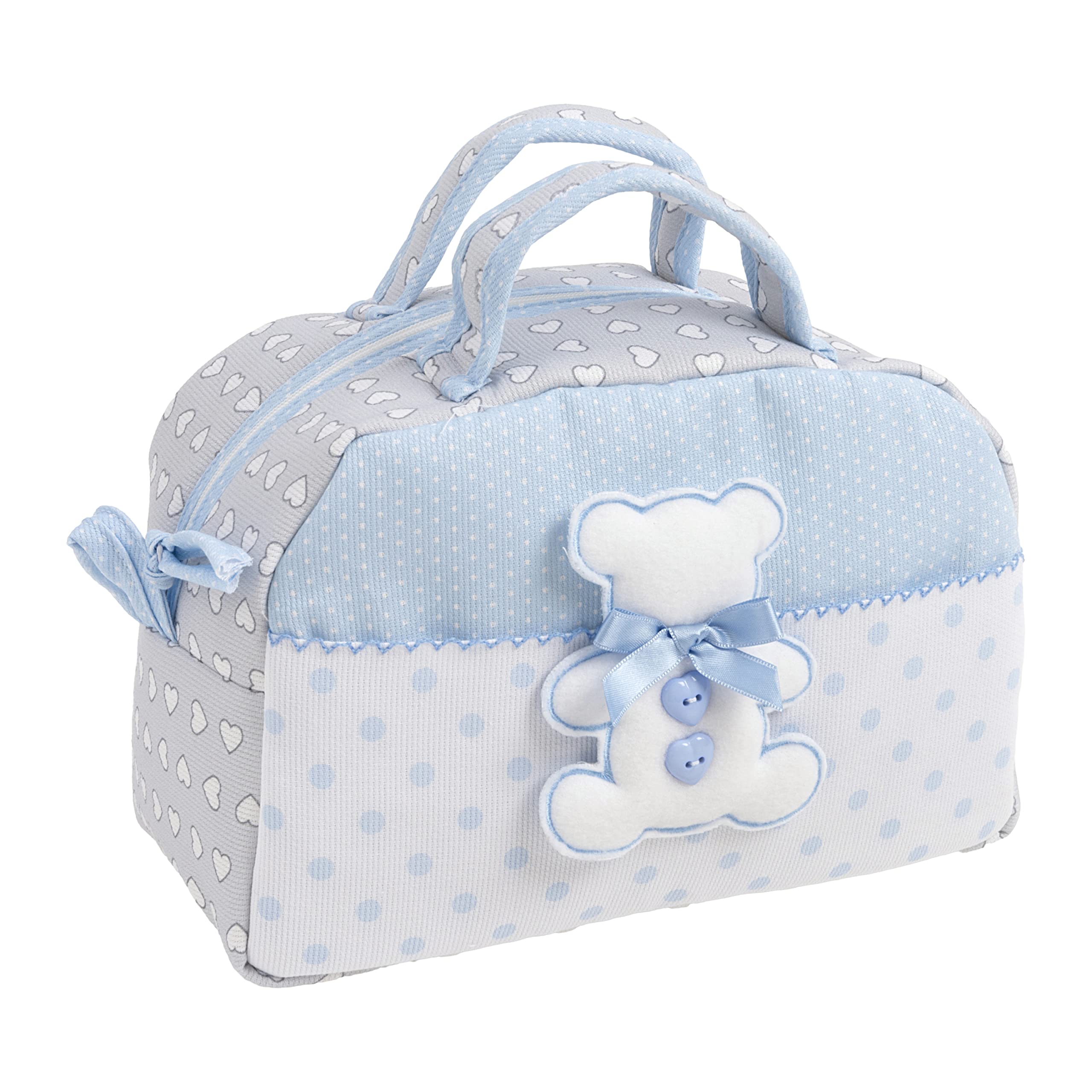 FILET - Beauty Case with Handles and Zipper, with Teddy Bear Embroidery, Made of Padded Cotton, Ideal for Baby Care Products, 100% Made in Italy, Colour Grey and Blue