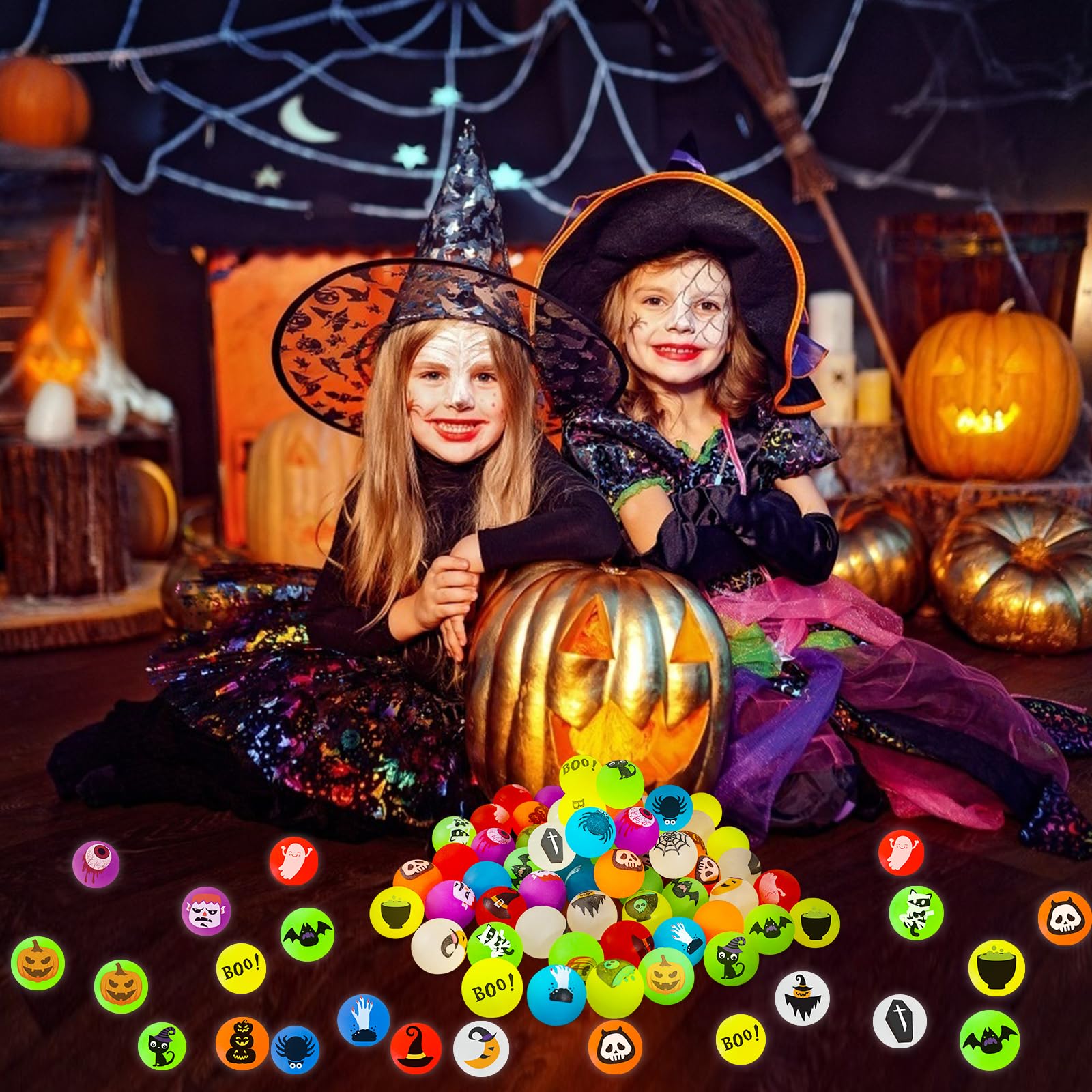 MGparty 90 PCS Halloween Glow in The Dark Bouncy Balls 18 Theme Designs Bouncing Balls for Kids Girls Boys Halloween Party Favors Supplies Trick or Treating Goodies Bag Gifts Fillers