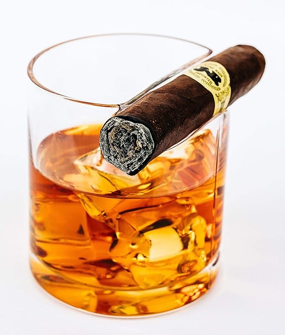 Old Fashioned Cigar Whiskey Glass with Top Mounted Cigar Holder Gift for Men Who Have