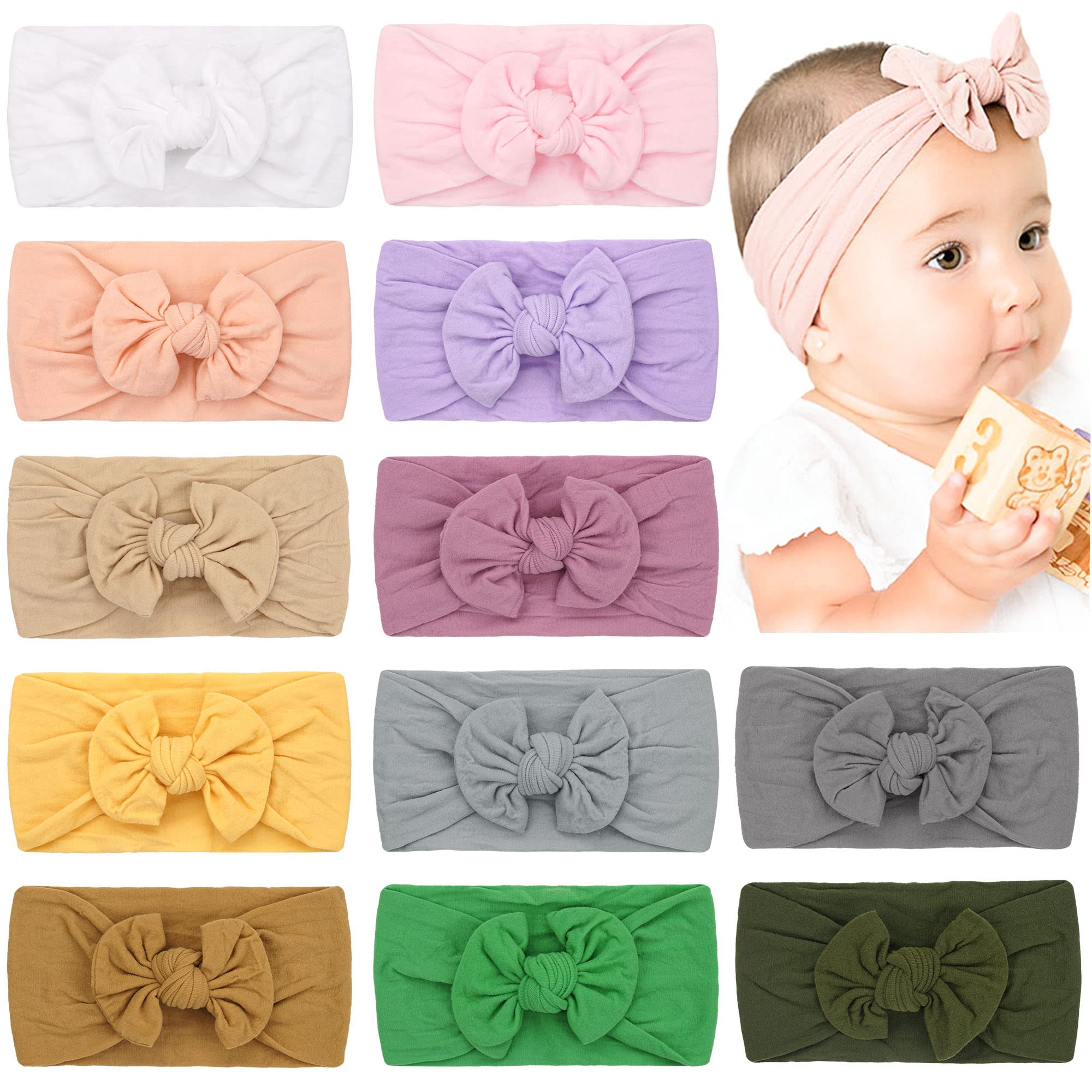 JOYOYO 12 Pcs Baby Headband for Girls Soft Stretchy Wide Nylon Headbands for Newborns Toddlers - Baby Headband & Bows Multicolor