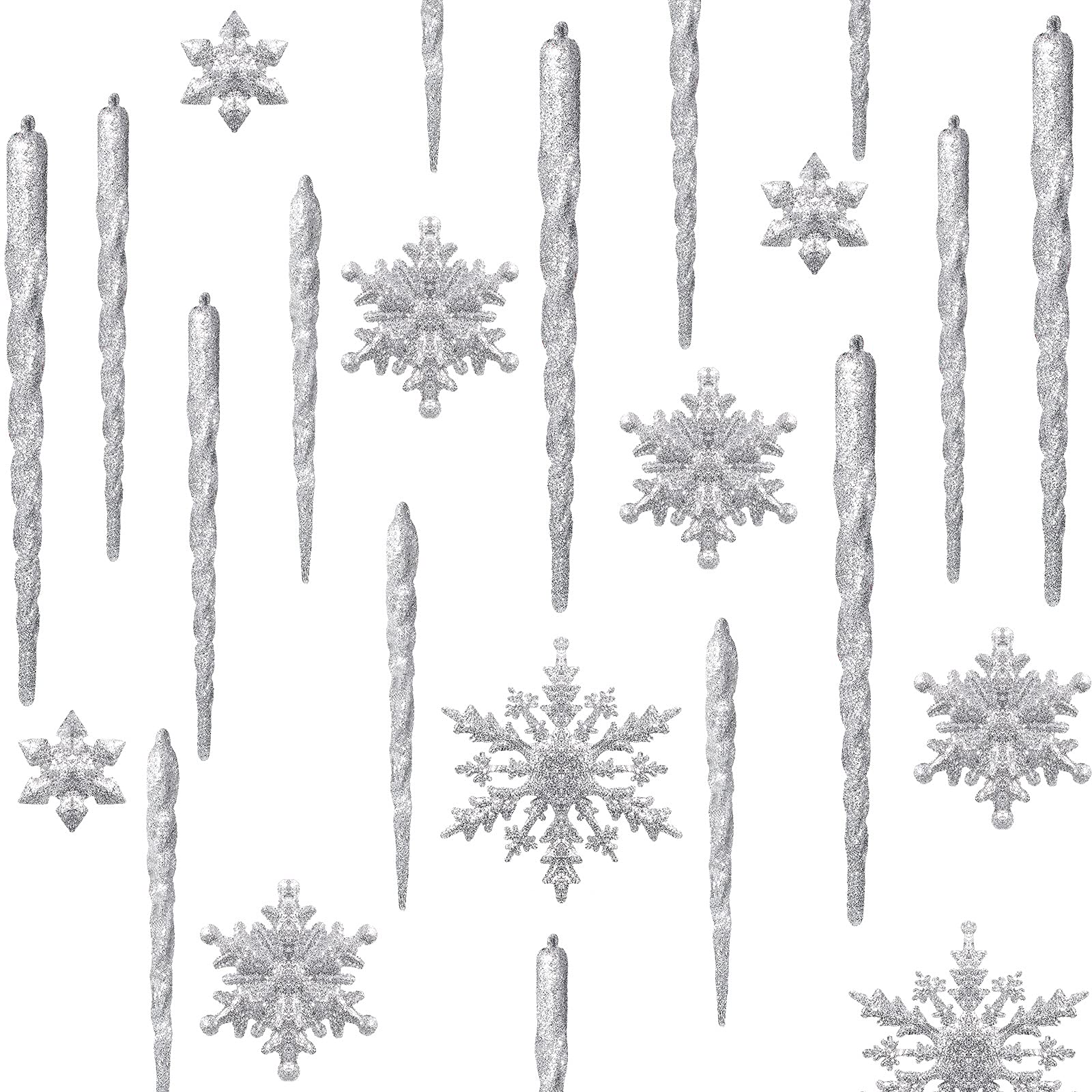 Chuangdi 72 Pcs Snowflake Icicle Ornaments for Christmas Tree Twisted Glitter Icicles Acrylic Hanging Drop Decoration for Winter Xmas Holiday Party New Year Outdoor Supplies(Silver)