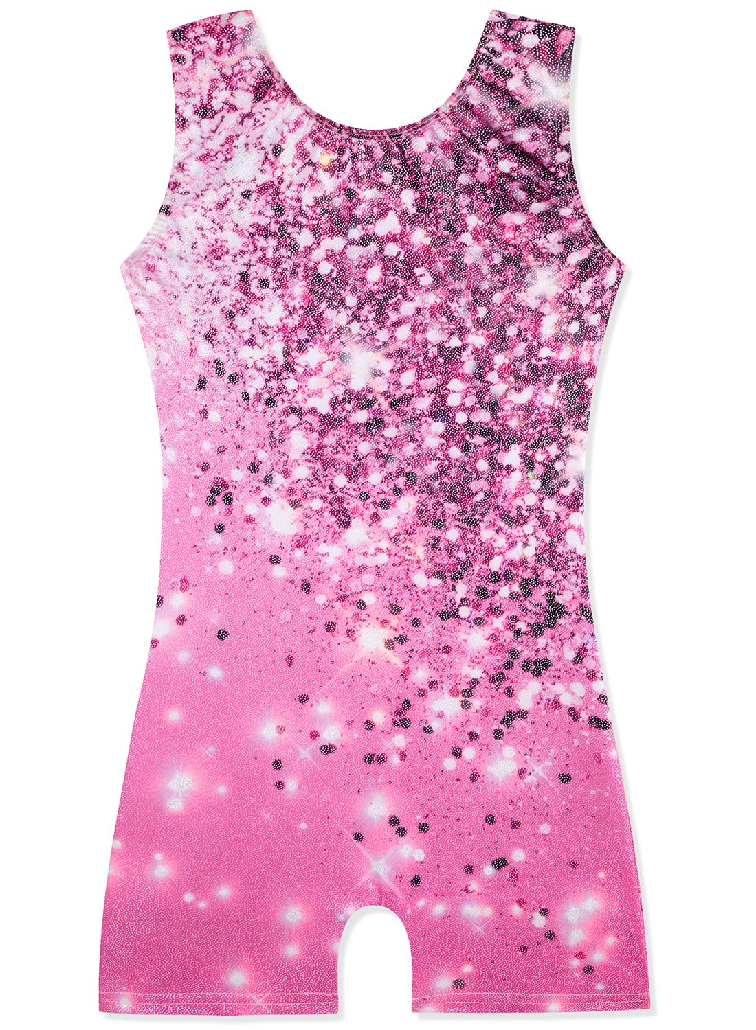 Photo 1 of HOZIY Girls Gymnastics Leotards Sparkly Sleeveless Dancewear Outfit with Shorts Biketard Unitard for Kids Pink Glitter Shiny Size 7-8 Years