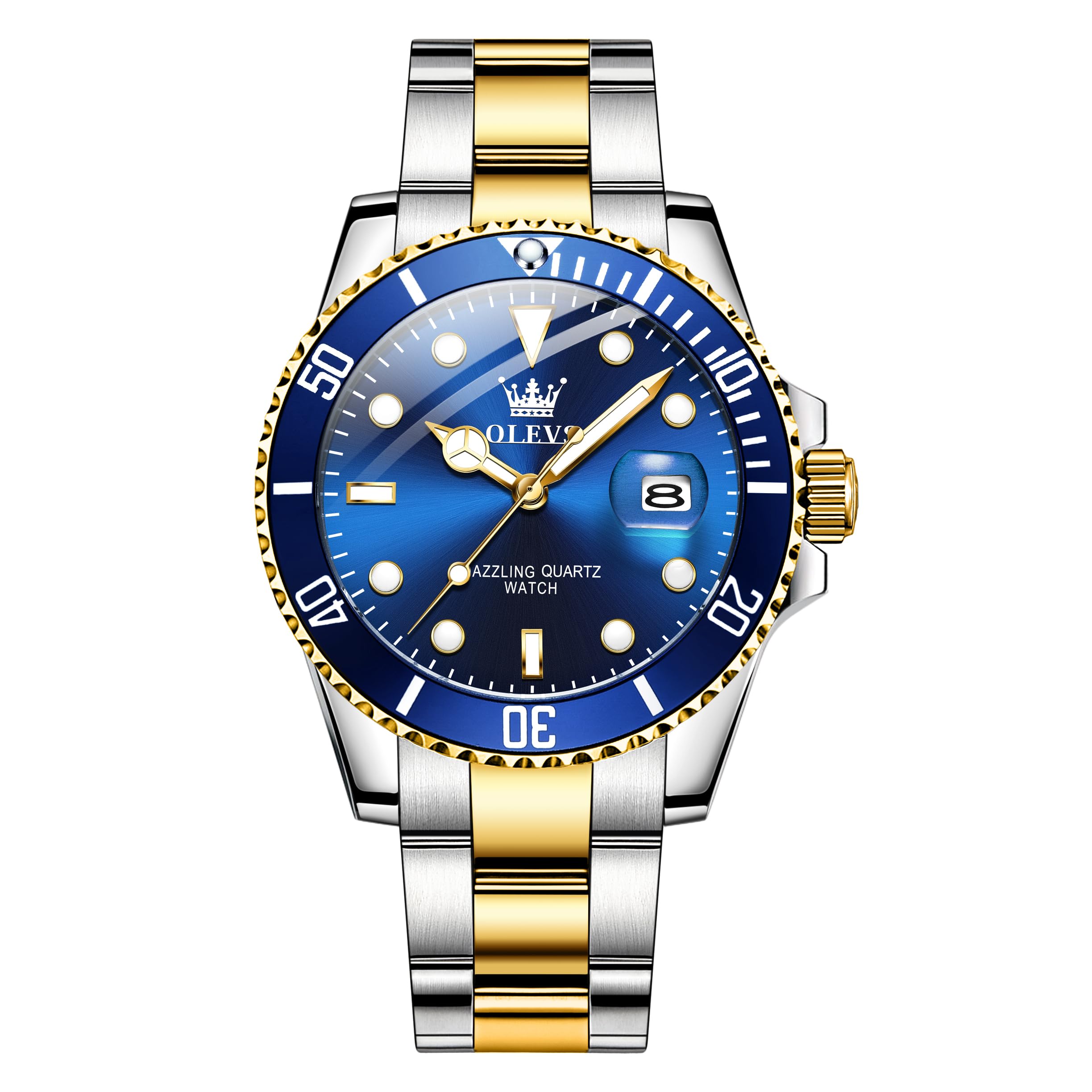 OLEVS Watches for Men Gold Silver Stainless Steel Analogue Quartz Men's Watch Big Face Classic Blue Rotating Bezel Dress Watch Men Waterproof Luminous Calendar Mens Watches Reloj para Hombre