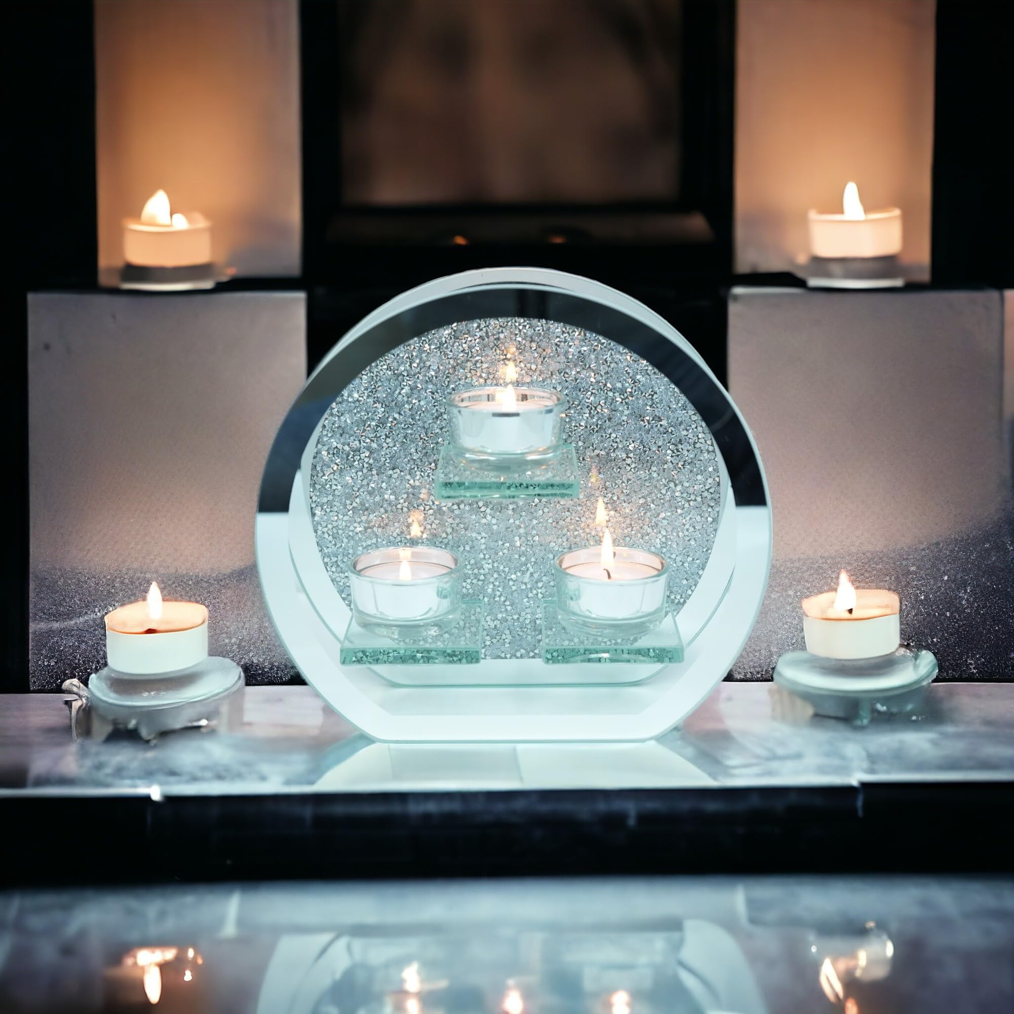 SERENA'S ® Round Crushed Diamond Crystal Tealight Candle Holder Candle Holder with Walls| Creative Ornament for Home | Dining Table and Bar | 3 Tealight Holder | Best For Gift