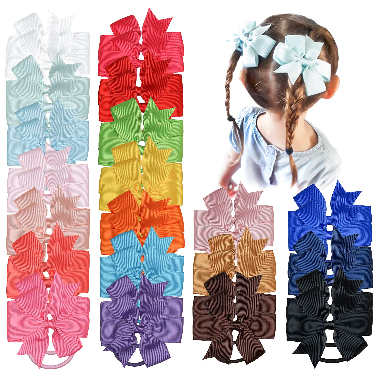JOYOYO 40 Pcs Hair Bow Bobbles for Girls and Toddlers Bow Hair Band Hair Bows - Medium Size 3 Inch Ribbon Bows Pinwheel Style
