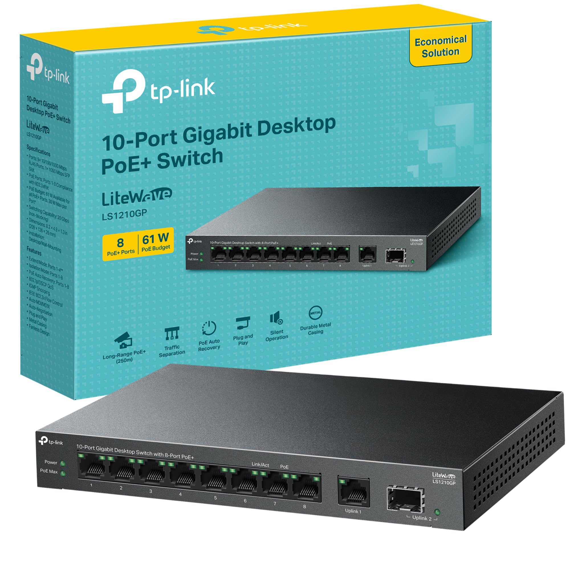 TP-Link LS1210GP 10-Port Gigabit Desktop with 8-Port PoE+ Switch , 1x Gigabit SFP Port Network Switch, 61 W PoE Budget, 30 W Output, Up to 250m Transmission, Traffic Separation, Plug & Play