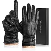 yafeite Winter Genuine Sheepskin Leather Gloves for Men, Warm Cashmere Lined Black Leather Touchscreen Motorcycle Gloves