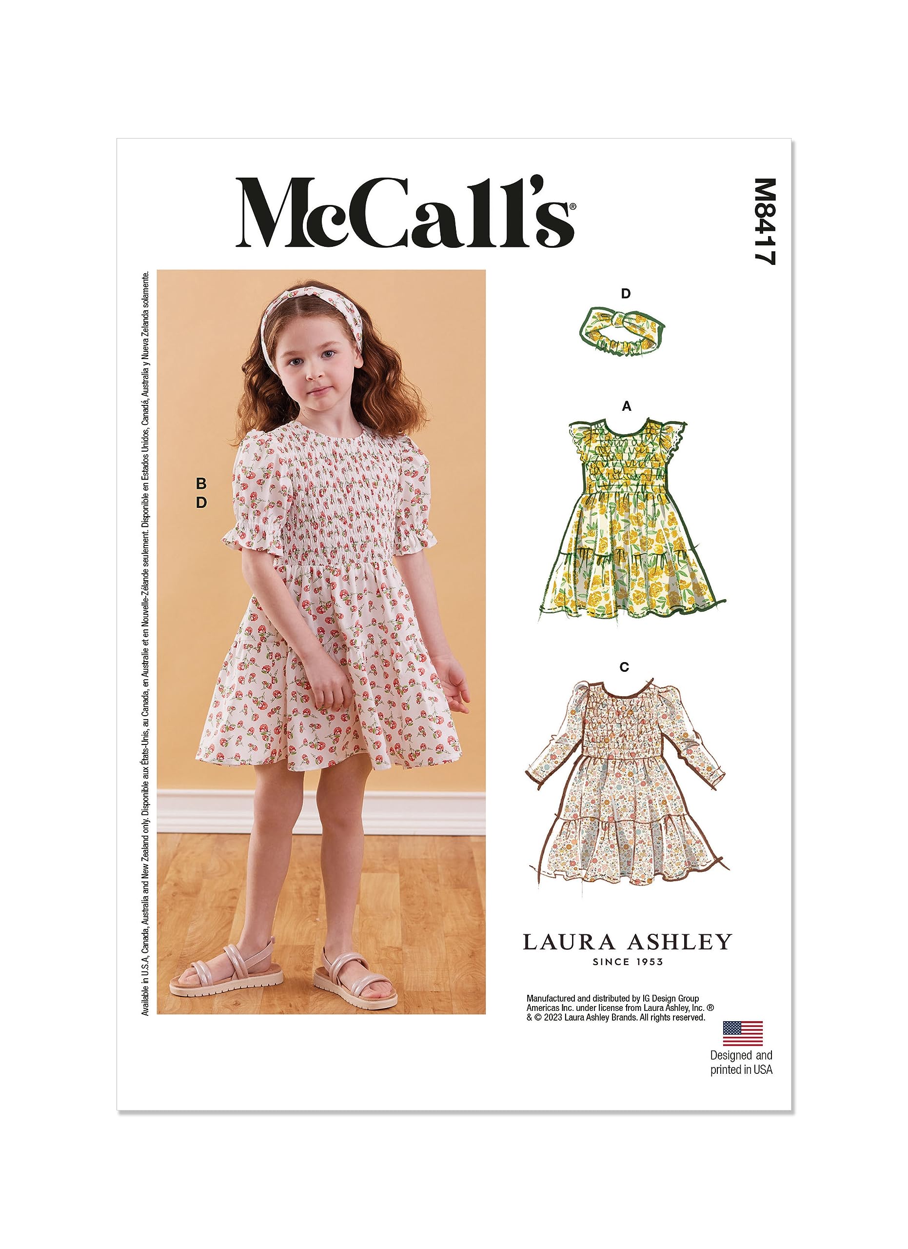 MCCALLS M8417A Children's Dress with Sleeve Variations and Headband by Laura Ashley A (3-4-5-6-7-8)