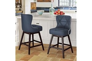 Cozyman Counter Height Bar Stools Set of 2, 26" H Swivel Bar Stool with Back, Faux Leather Counter Stool, Solid Wood Legs, Retro Upholstered Barstools for Kitchen Island, Home Bar, Pub, Navy Blue