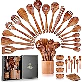 Zulay Kitchen 30-Piece Teak Wooden Utensils - Natural Teak Cooking Utensils with Premium Gift Box - Non-Stick Wooden Spoons - Kitchen Gift Set - Comfortable Grip