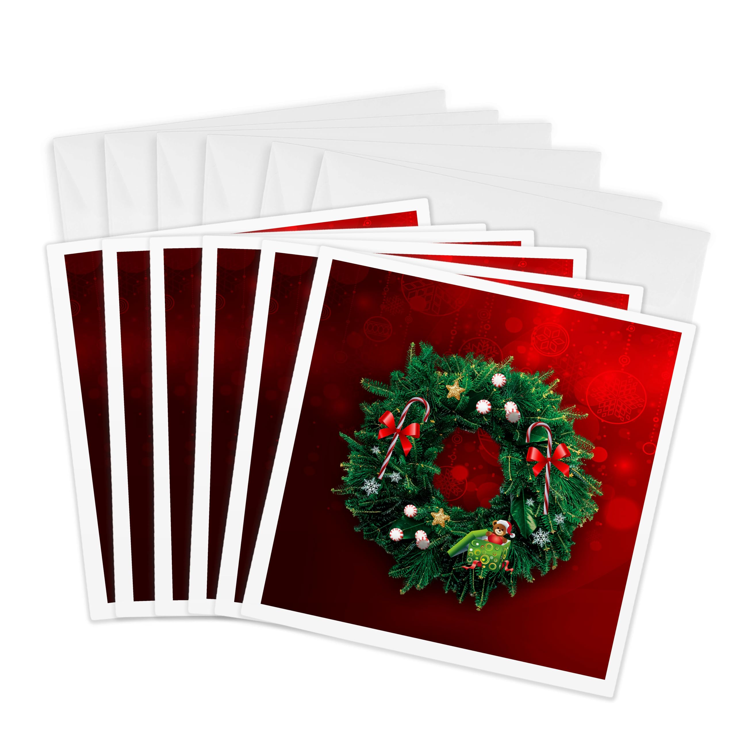 3dRose gc_233581_1 6 x 6-Inch "Wreath with Candy Canes, Peppermint, Bow, Bear in Gift on Bright Red" Greeting Card (Pack of 6)