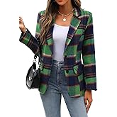 ELLEVEN Women's Lapel Collar Plaid 2 Button Boyfriend Blazer Suit Houndstooth Work Office Blazer Jacket