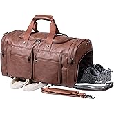 Leather Travel Bag with Shoe Pouch,Weekender Overnight Bag Waterproof Leather Large Carry On Bag Travel Tote Duffel Bag for Men or Women-Brown