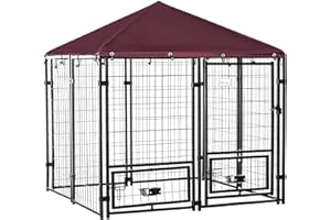 PawHut Outdoor Dog Kennel, Run, Large Wire Steel Fence, Lockable Pet Playpen Enclosure, with Water-, UV-Resistant Canopy Top,