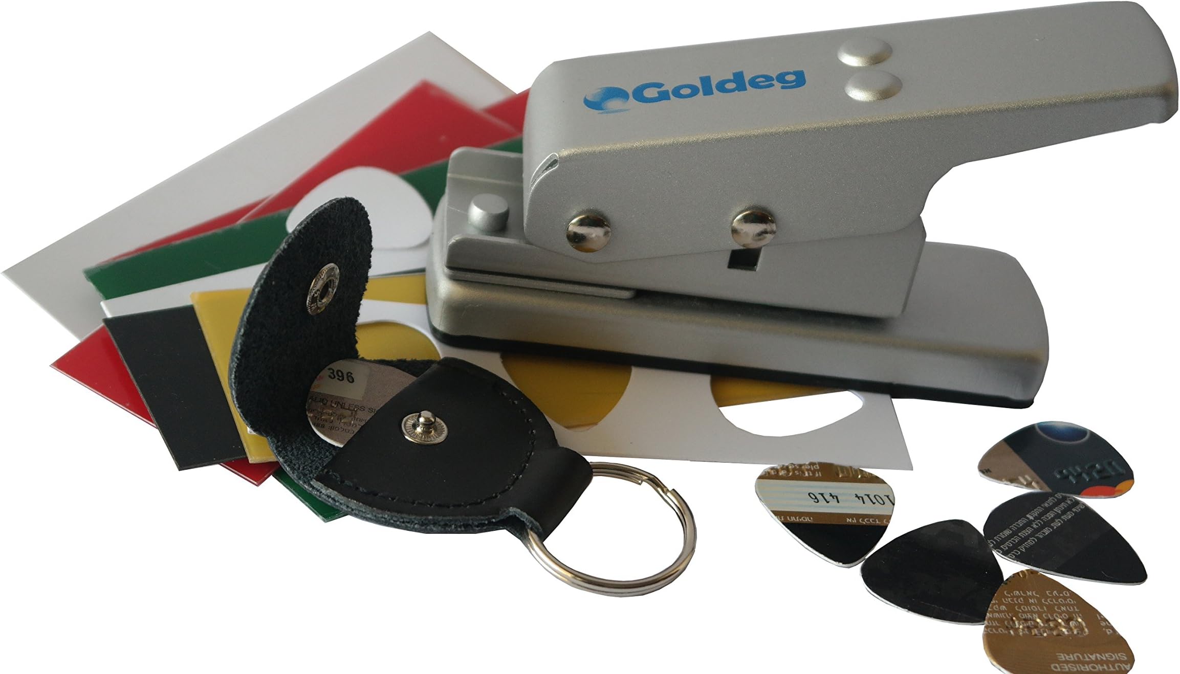 Silver Guitar Pick Punch & Leather Key Holder The Perfect DIY Guitar Picks Cutter - Create Your Personalized Guitar Picks, Customized Guitar Plectrums Picks Maker, & 10 Plastic Strips for Practice