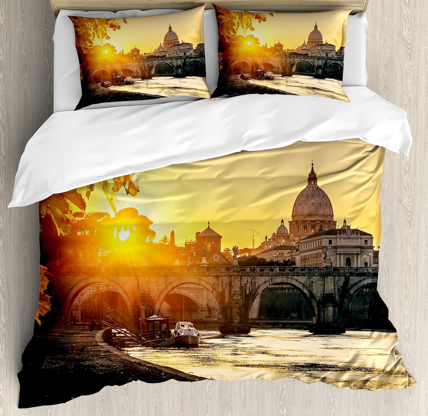 Ambesonne Fall Duvet Cover Set, Sunset at Tiber River St Peter Rome City Italy Europe Romantic Image Print, Decorative 3 Piece Bedding Set with 2 Pillow Shams, King Size, Marigold Yellow