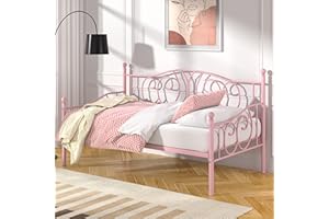 VECELO Twin Daybed Frame, Metal Day Bed with Classic Headboard, Multifunctional Platform Beds for Bedroom, Living Room, Guest Room, No Boxing Spring Needed, Pink