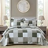 PANGUSHAN 100% Cotton Quilt Set Queen Size, Patchwork Plaid Queen Quilt Bedding Set Bedspreads, Farmhouse Lightweight Comforter Reversible Quilt, Green/Moonbeam Bed Spread for Queen Bed, 3 Pieces