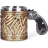 Gun Mug, Gun Handle Coffee Mug, Stainless Steel Bullet Pattern Beer Mug, Unique Coffee Mugs, Fathers Day Dad Gifts, Birthday Gifts for Men (15 OZ)