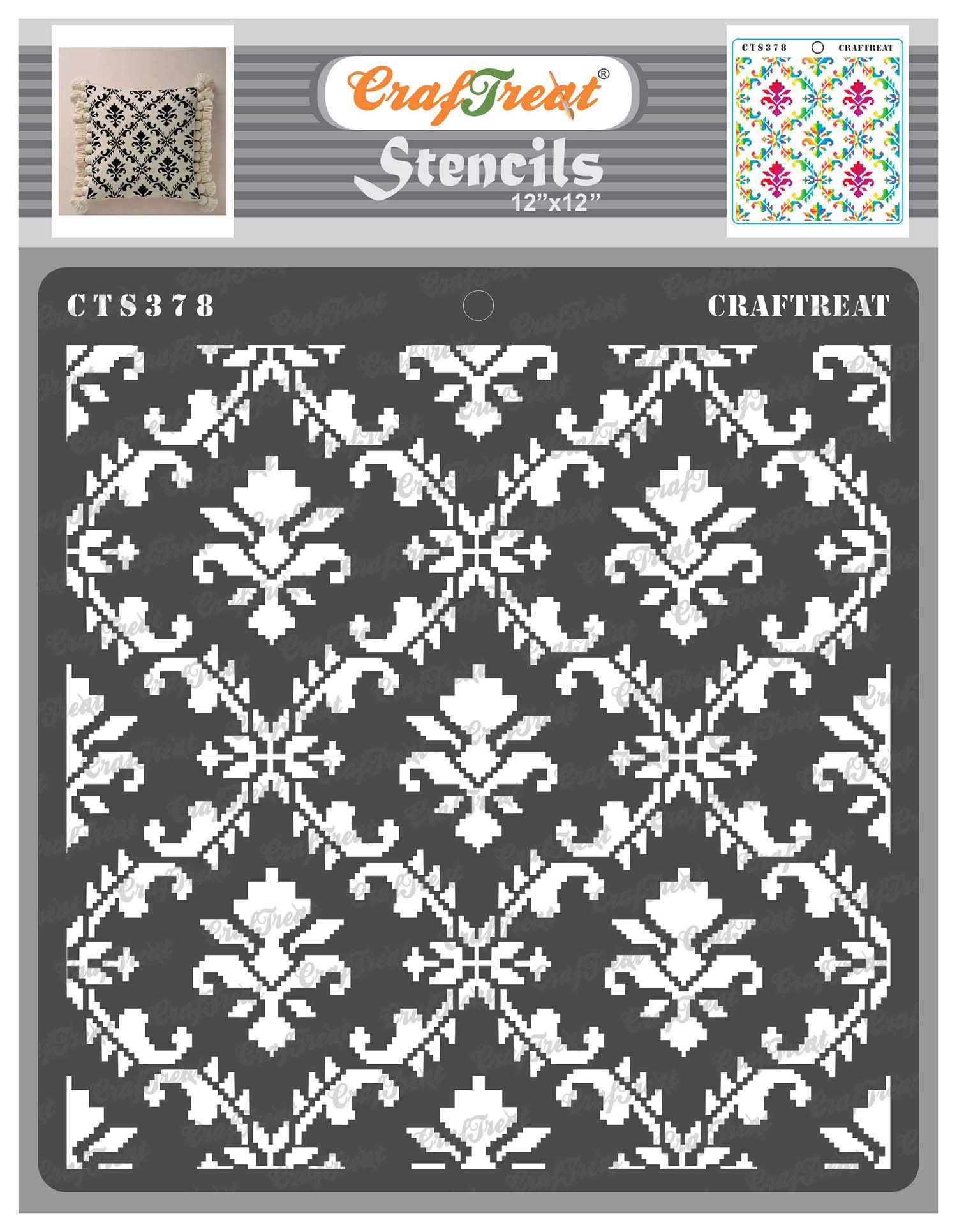 CrafTreat Reusable Damask Wall Stencil for Painting Large - Ikat Damask Stencil - Size:12x12 Inch - DIY Art and Craft Stencils - Damask Stencils for Painting on Wood - Damask Furniture Stencil