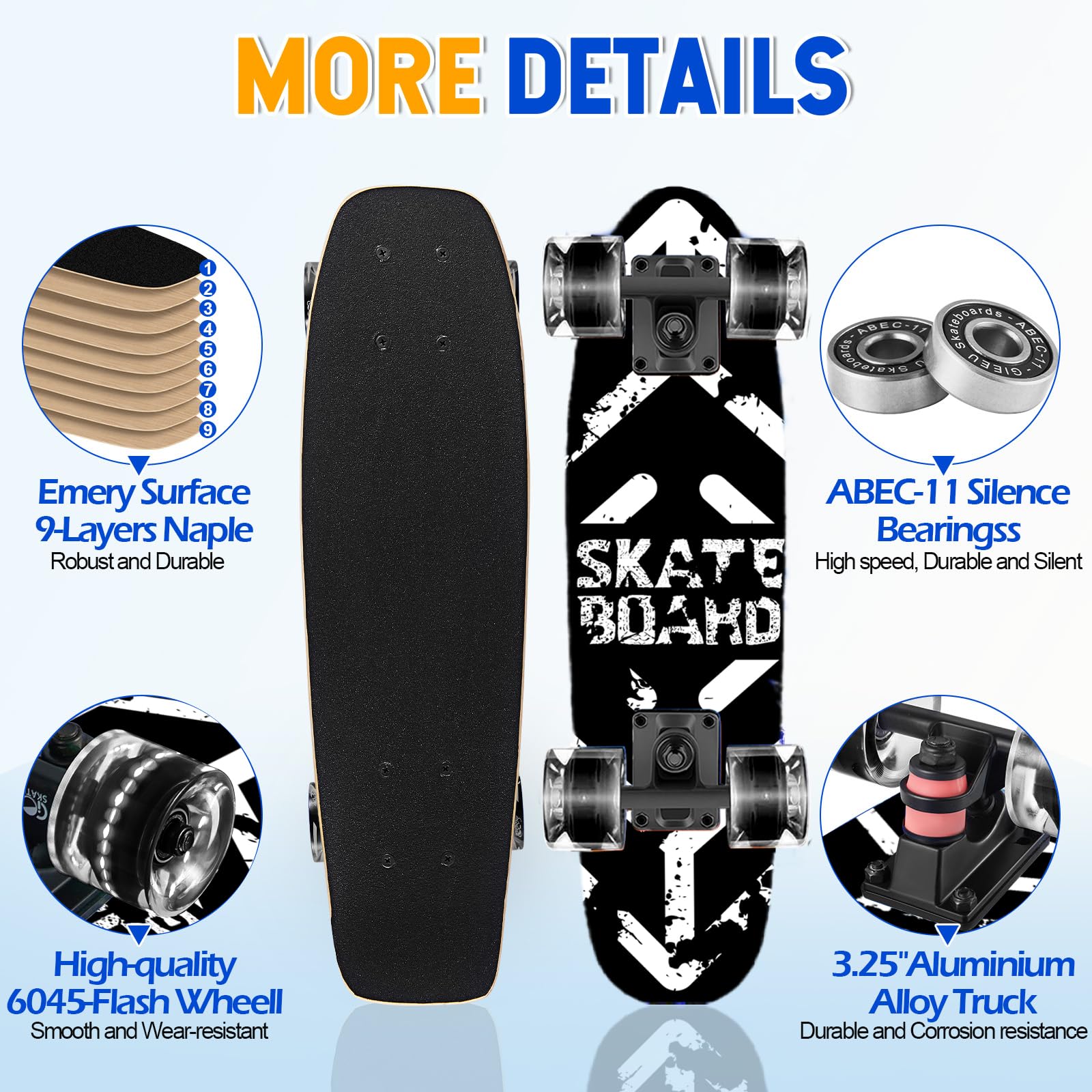 GIEEU Skateboards with Colorful Flashing Wheels for Beginners,Kids,Teens,Adults, Complete Standard Skate Boards 9 Layer Canadian Maple Deck Concave Skateboard