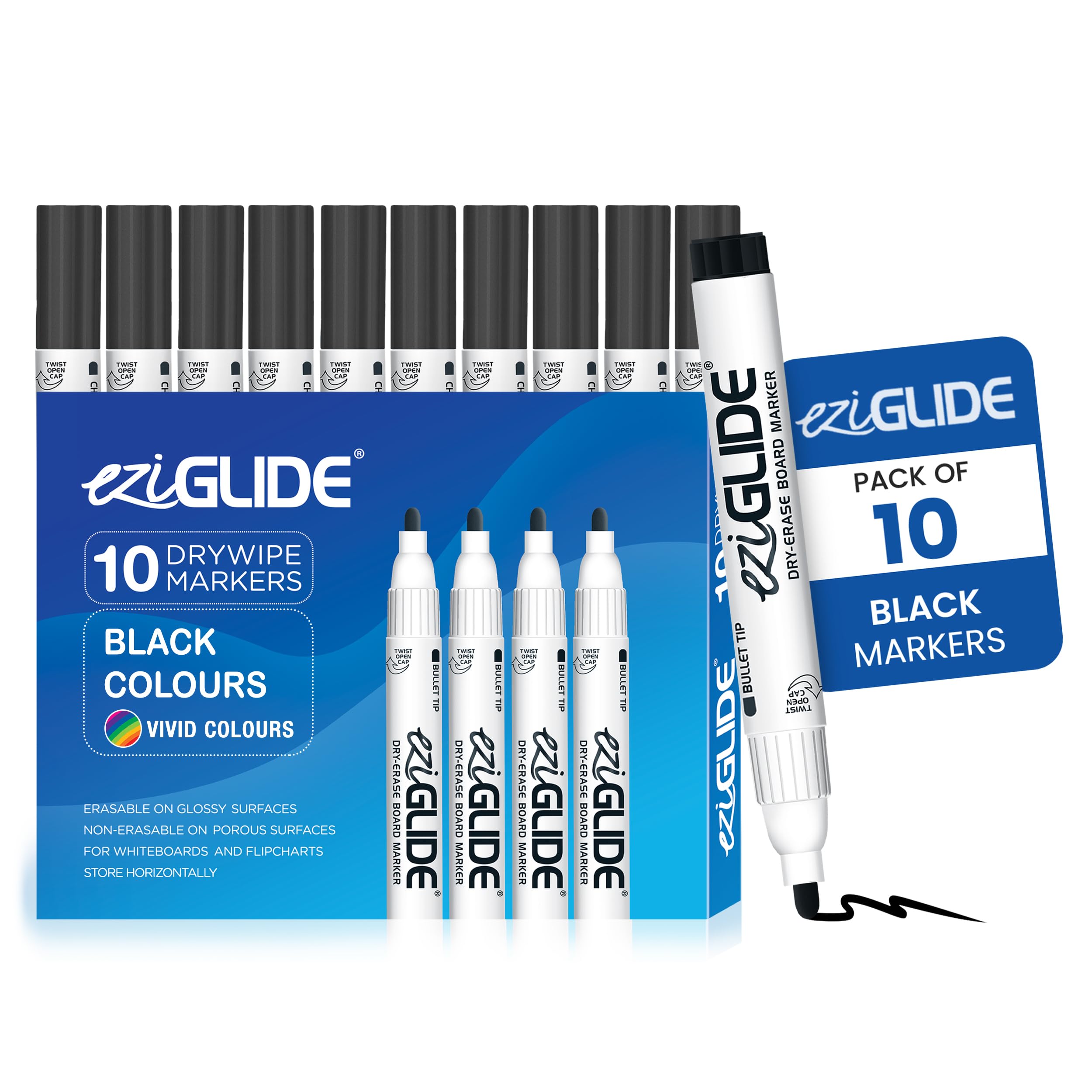 Eziglide 10-Pack White Board Pens, Black - Erasable Dry Wipe Markers, Great for Whiteboard, Flip Chart, Work, Meetings, Classrooms, Boardrooms - Quick Dry Erase Marker properties (Black)