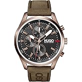 HUGO #Chase Men's Multifunction Stainless Steel and Leather Strap Casual Watch, Color: Brown (Model: 1530162)