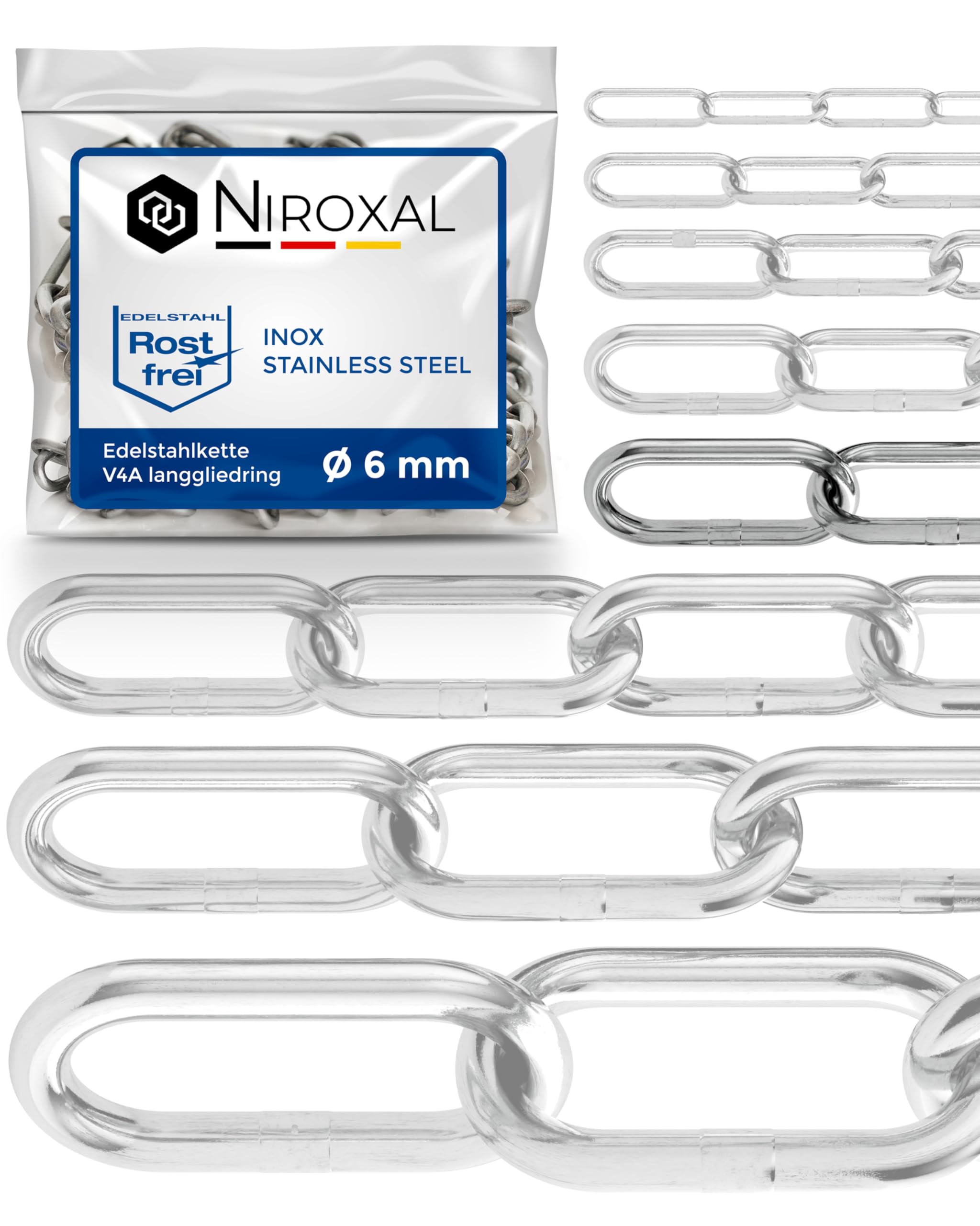 Stainless Steel Chain 316 Marine Grade 6 mm Heavy Duty Long Link DIN 763 DIN 5685 Anchor Chain 0.5 m Pack of 5 NietFullThings