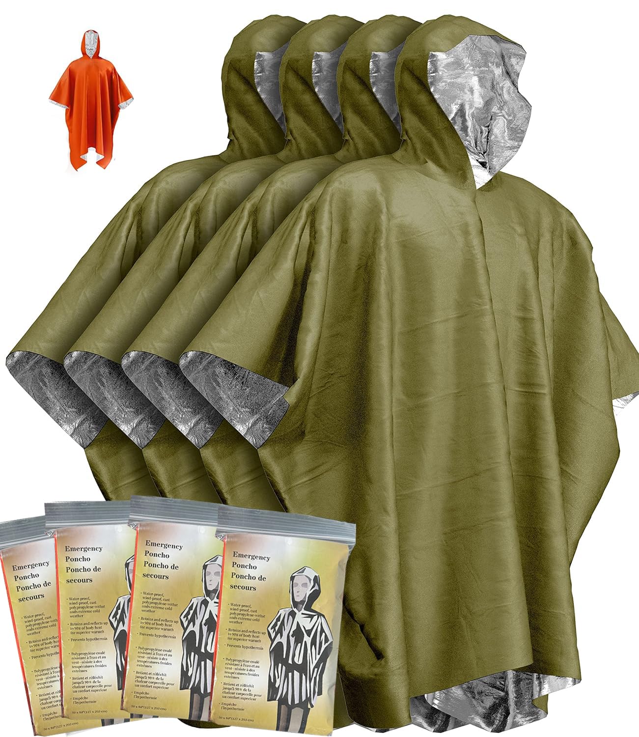 Kanuothbon Emergency Survival Poncho (4pc) Thermal Mylar Foil Coating Blanket for Heat Retention and Rain | Reversible with Hood | Waterproof, Windproof, Portable, Hands-free, Outdoor Kit