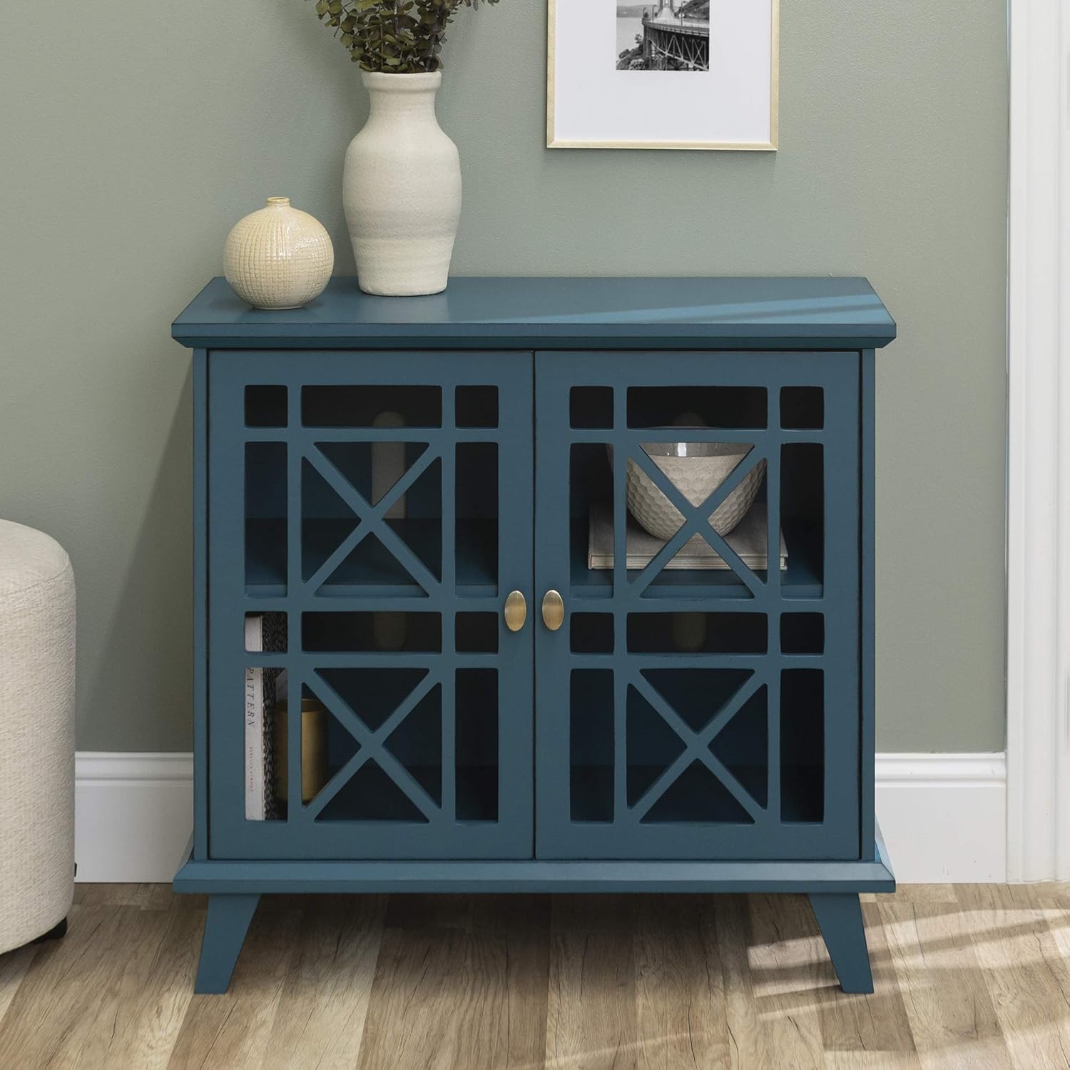 Walker Edison Furniture Company Wood Accent Buffet Sideboard Serving Storage Cabinet with Doors Entryway Kitchen Dining Console Living Room, 32 Inch, Blue: Kitchen & Dining
