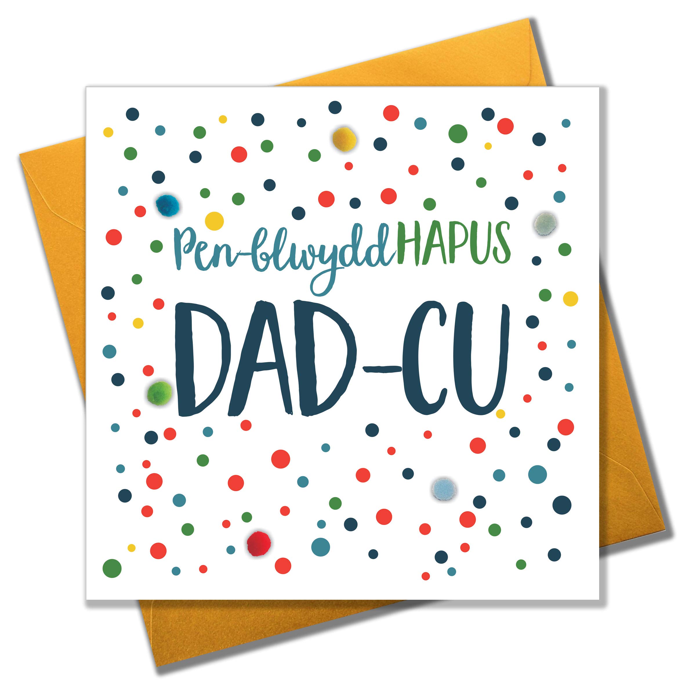 Claire Giles Greeting Cards, Welsh Happy Birthday Grandpa Card, Penblwydd Hapus Dad-cu, Dots Design Birthday Greeting Card, Pompom Embellished
