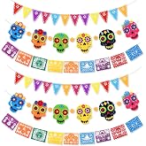 TaoBary 6 Pack Papel Picado Banner Felt Sugar Skull Fiesta Decorations | Pre-strung for Cinco De Mayo, Pennant Banners with Skull Designs, Dia De Los Muertos Party Decor, Colorful Reusable Felt
