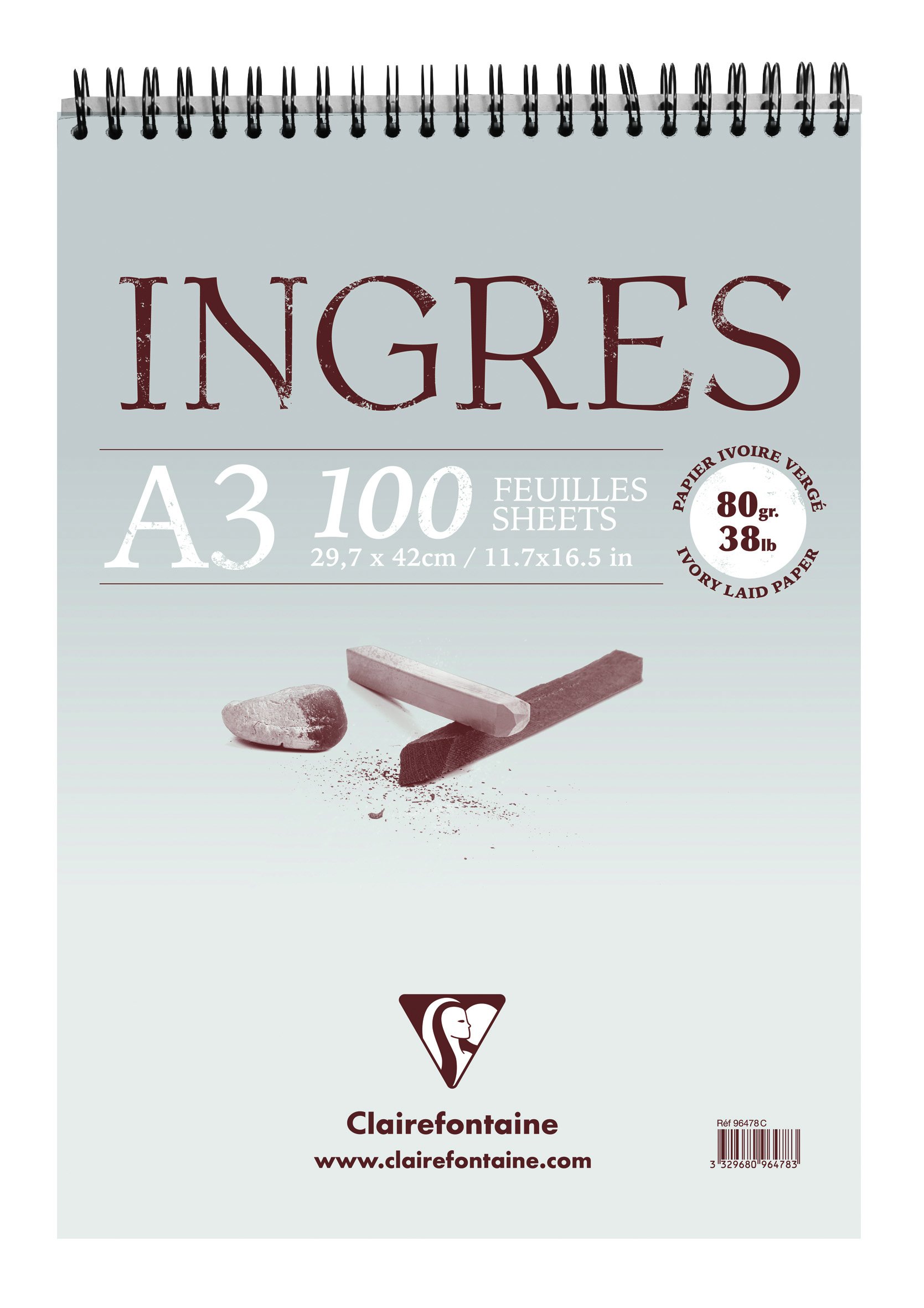 Clairefontaine - Ref 96478C - Ingres Study Top-Wirebound Pad (100 Sheets) - A3 (297 x 420mm) in Size, 80gsm Tinted Cotton - Suitable for Dry Techniques