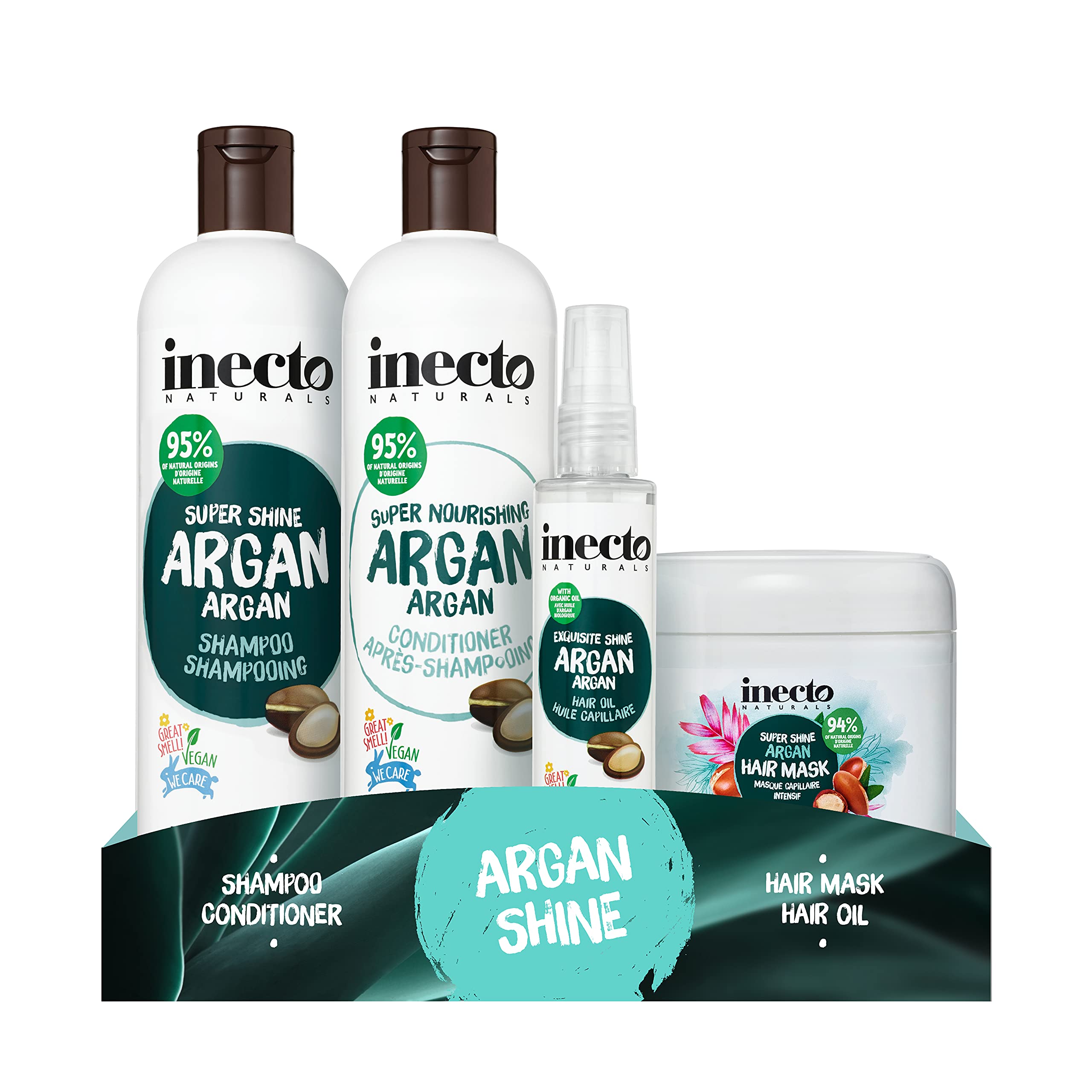 Inecto Shampoo, Conditioner, Hair Oil and Mask Set, Infused with Natural Argan Oil for Added Shine, Vegan and Cruelty Free
