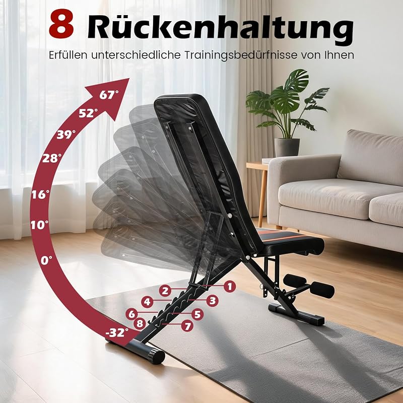 Banc de musculation pliable multifonction avec dossier réglable à 8 positions, banc de fitness 6 en 1 pour la maison ou la salle de gym, capacité de poids de 200 kg