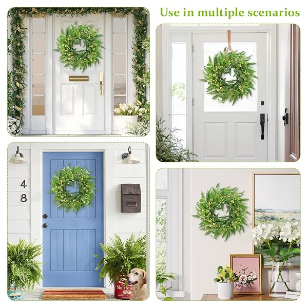 GREEN EUCALYPTUS WREATHS FOR FRONT DOOR,22 INCH ARTIFICIAL SPRING SUMMER WINTER WREATH WITH LARGE GREEN BERRIES,EUCALYPTUS LEAVES FOR INDOOR OUTDOOR WALL PORCH FESTIVAL FARMHOUSE HOME HOLIDAY DECOR.