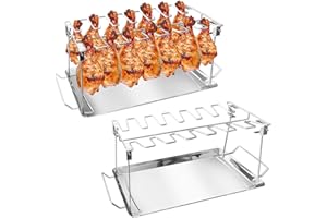 BaokiTook Drumstick Holder-2 Sets Chicken Leg Rack for Grill with Drip Tray, 14 Slots Durable Stainless Steel Drumstick Rack, Drumstick Holder Roaster Stand for Smoker Grill, Oven, BBQ Accessories