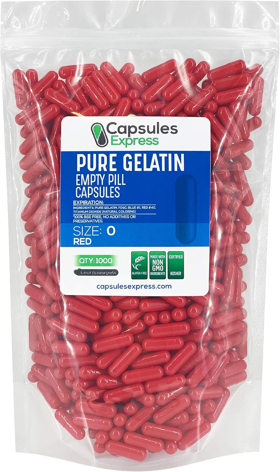 Capsules Express- Size 0 Red Empty Gelatin Capsules 1000 Count - Kosher and Halal - Pure Gelatin Pill Capsule - DIY Powder Filling