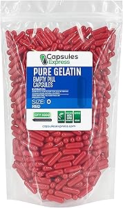 Capsules Express- Size 0 Red Empty Gelatin Capsules 1000 Count - Kosher and Halal - Pure Gelatin Pill Capsule - DIY Powder Filling