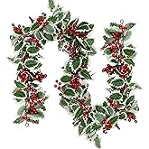 MAKHOT 6Ft Eucalyptus Garland, Green Leaves Wreath Vines Garlands Decorations, Artificial Red Berry Garland for Fireplace Gate Mantle Table Home Party Decor