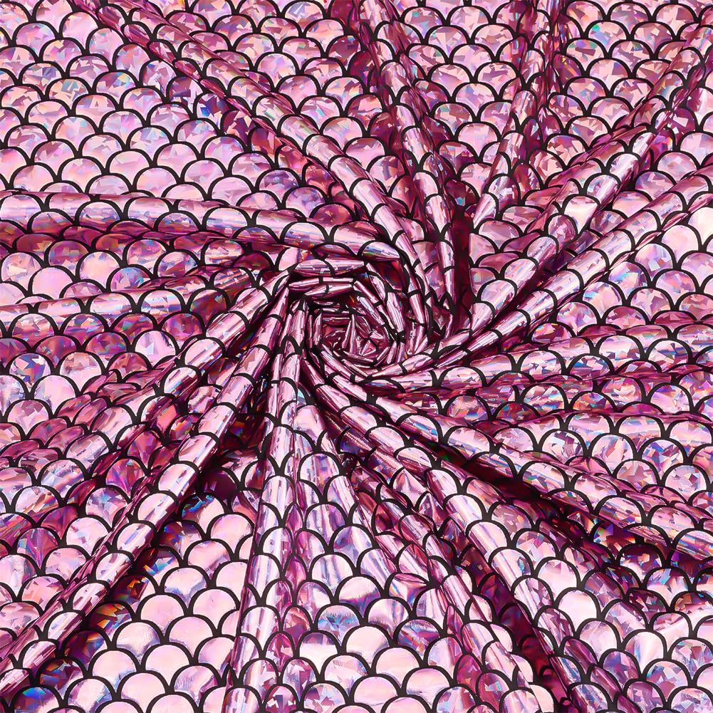 FINGERINSPIRE 1.5m Wide x 1m Long Pearl Pink Sparkly Hologram Fish Scale Polyester Fabric for Clothes & Home Decor