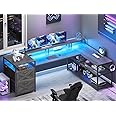 SEDETA 67" L Shaped Desk with Drawers, Computer Office Desk with Storage Shelves & Power Outlet, Reversible Gaming Desks with LED Lights for Home Office, Grey