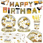 194Pcs Construction Plates Birthday Party Supplies Decorations Serve 24 | Includes Napkins Cups Tablecloth and Banner | Boys Construction Themed Birthday Party